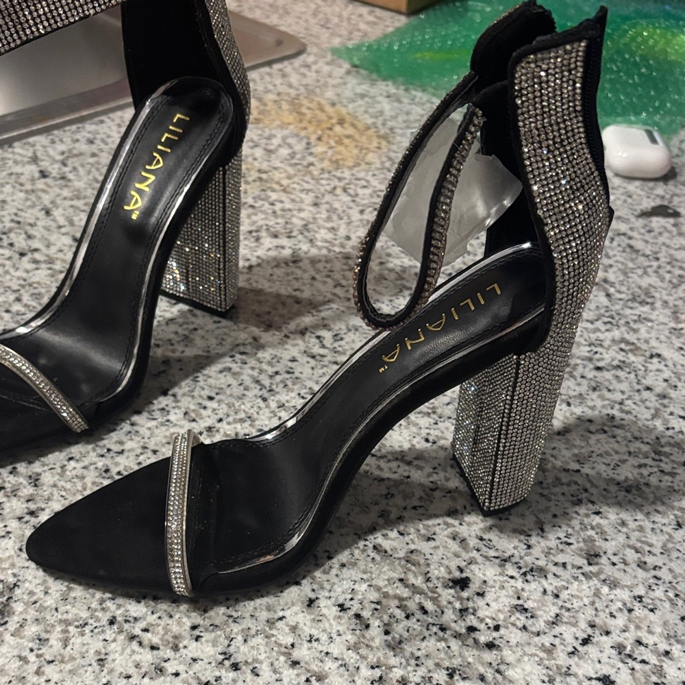 Liliana Black and Silver Rhinestone Heels